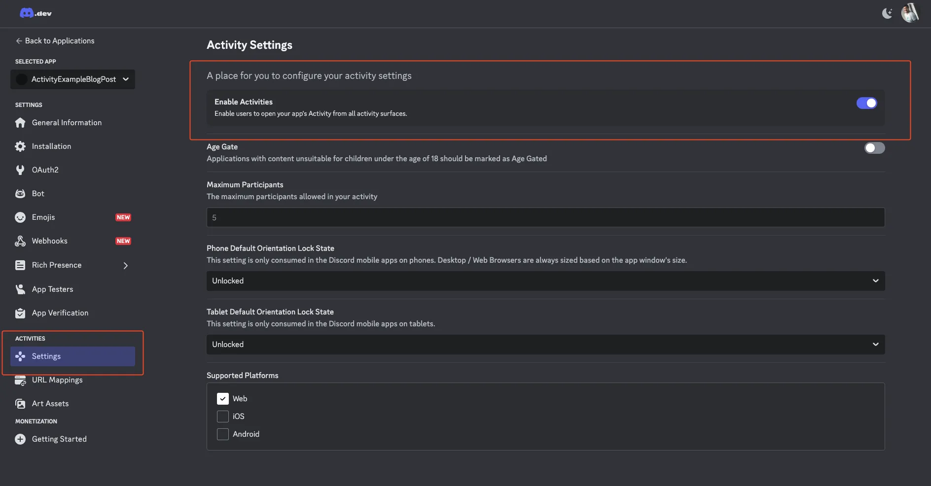 Screenshot: Enable Activity