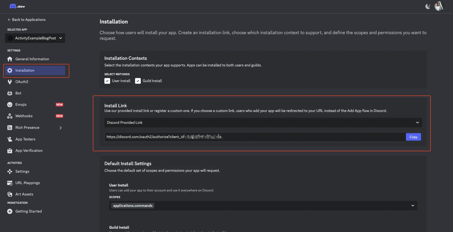 Screenshot: Install Activity