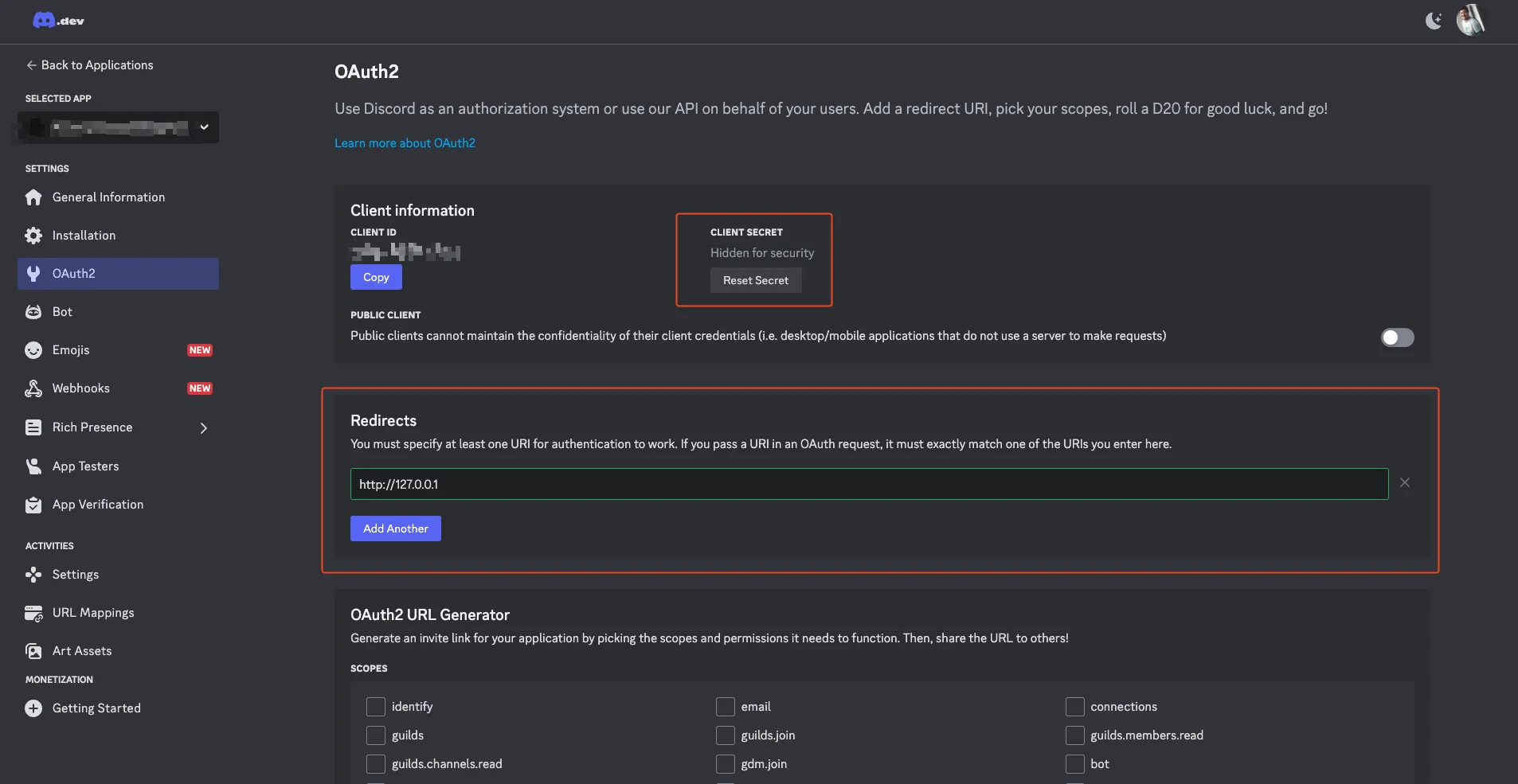 Screenshot: Activity OAuth Settings