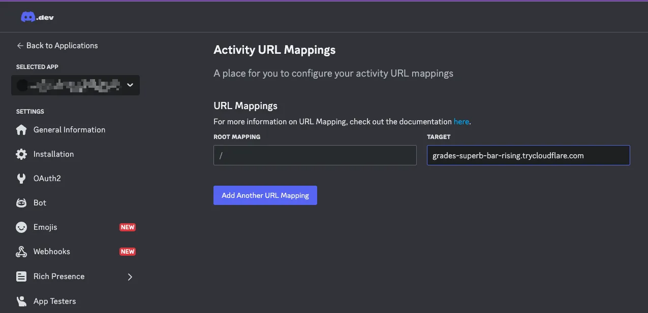 Screenshot: Activity URL Mapping