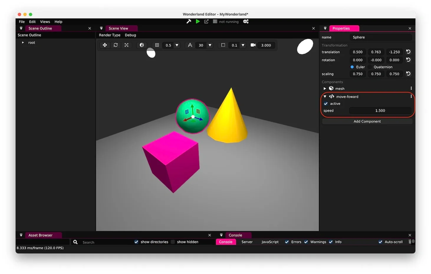 Wonderland Engine editor with our move-forward component