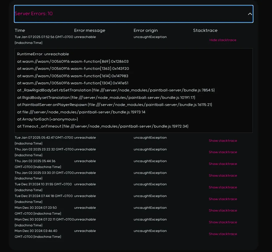 Screenshot: Server Errors
