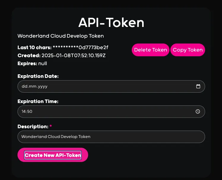Screenshot: Website Create Token