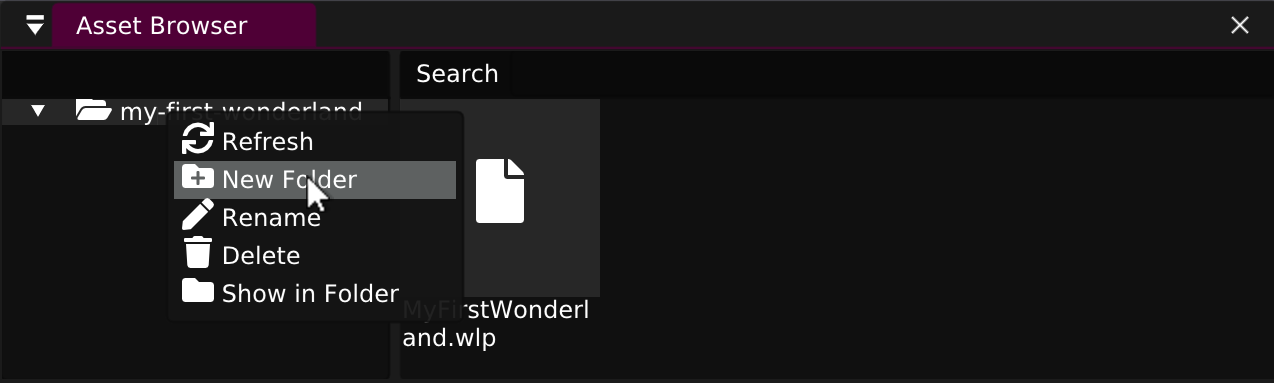 Screenshot: Getting Started - Asset Browser Context Menu