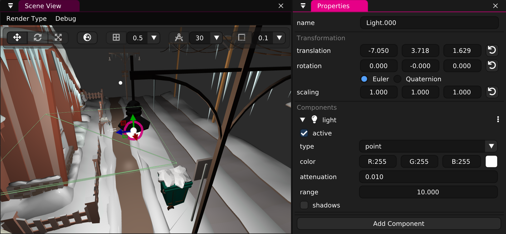 Screenshot: Getting Started - Light component properties