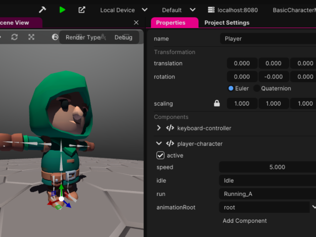 Setting up the character movement from the tutorial in the Wonderland Engine editor, showing the component properties for speed and for linking the idle and run animations.
